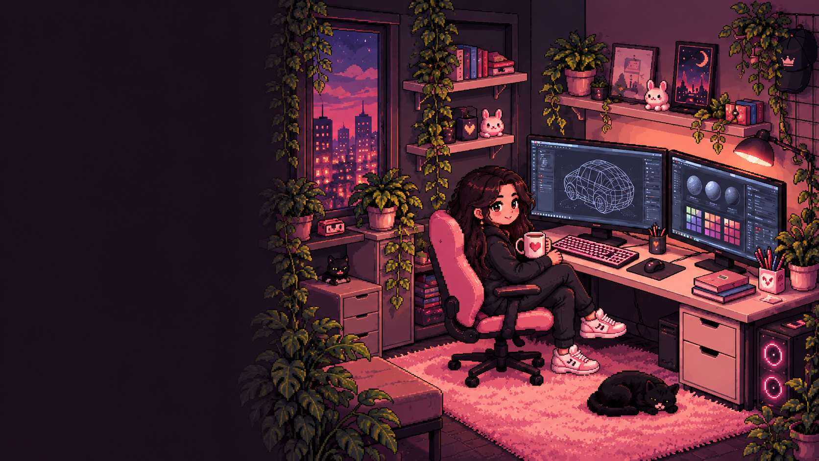 Ilustração em pixel art de uma estação de trabalho com plantas e monitores