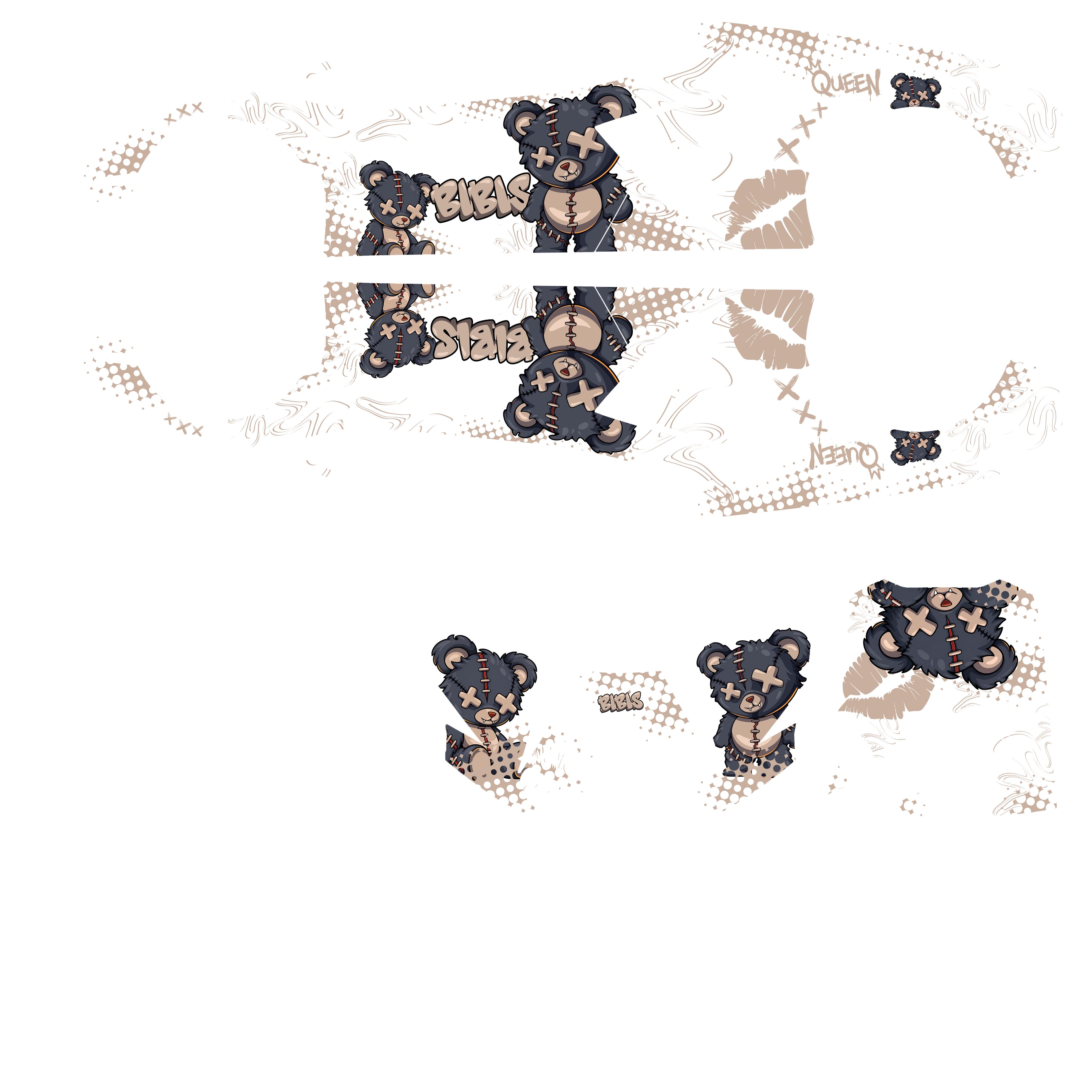 Textura da REDHORNREVBIBIS com ursinhos, grafismos e o nome Bibis